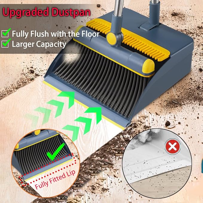 Broom and Dustpan Set for Home, Long Handle Dust Pan and Broom Combo for Indoor Outdoor Heavy Duty Dustpan Set for Kitchen Lobby Office Upright Standing Dustpan with Teeth (Blue)