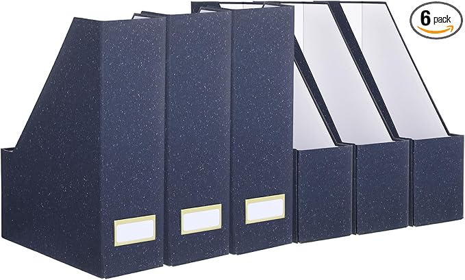 Gueevin Set of 6 Magazine File Holder Stylish Sturdy Cardboard File Boxes Desk Magazine Organizer Rack with Gold Label Holder to Organize Your Desk or Shelves for Home Classroom Office Library(Blue)