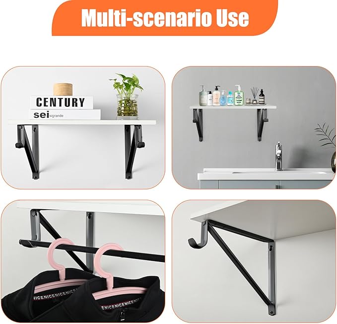 10 Pack Heavy Duty Closet Shelf & Rod Brackets, Wall Mounted Closet Shelf Brackets, 11 x 9.45 Inch Closet Shelf Brackets with Rod Support, Black