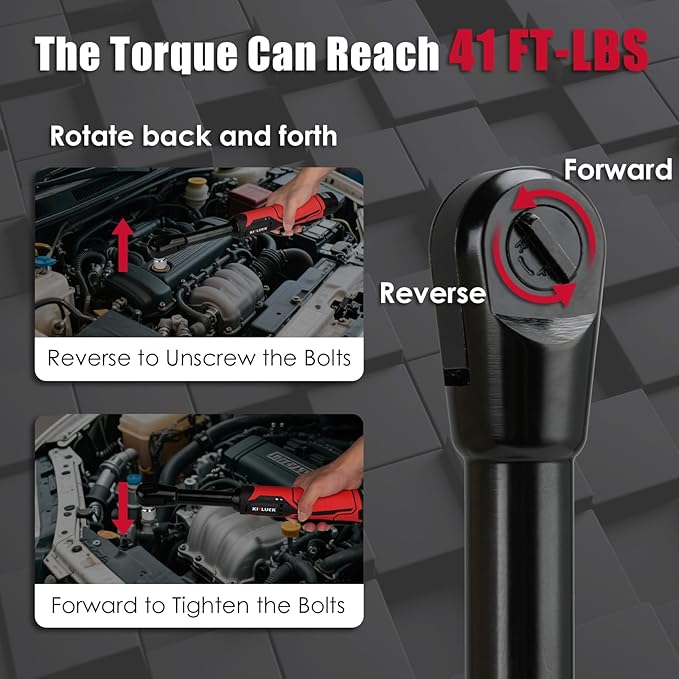 KITLUCK Cordless Electric Ratchet Wrench Set, 3/8" 12V Extended Power Ratchet Tool Kit, 41 Ft-Lbs Cordless Ratchet with 8 Sockets, 1/4" adapter, LED Light, 2-Pack 2000mAh Battery And Charger
