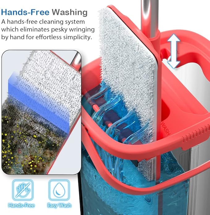 Tethys Flat Floor Mop and Bucket Set for Professional Home Floor Cleaning System with Aluminum Handle/2-Washable Microfiber Pads Perfect Home + Kitchen Cleaner for Hardwood, Laminate, Tiles, Vinyl