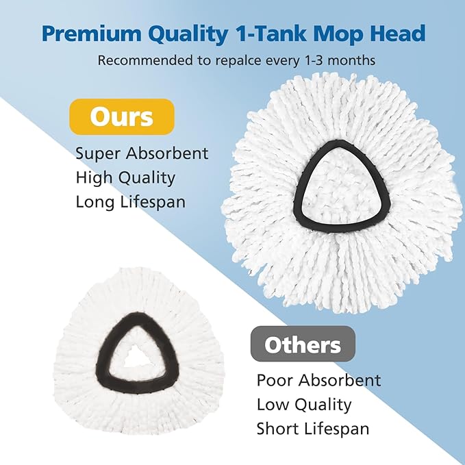 Spin Mop Replacement Head Spin Mop Refills Compatible with O Ceda EasyWring 1-Tank System, 2 Microfiber Spin Mop Head, 1 Triangle Mop Base Head and 4-Section Iron Mop Handle 30-58in for 1 Tank System