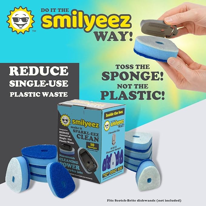 Smilyeez No-Plastic Blue Non-Scratch Sponge Refill with Reusable Clip (10 Pack) for Scotch-Brite's Advanced Soap Control Dishwand - Refill with Adapter, Easy to Install