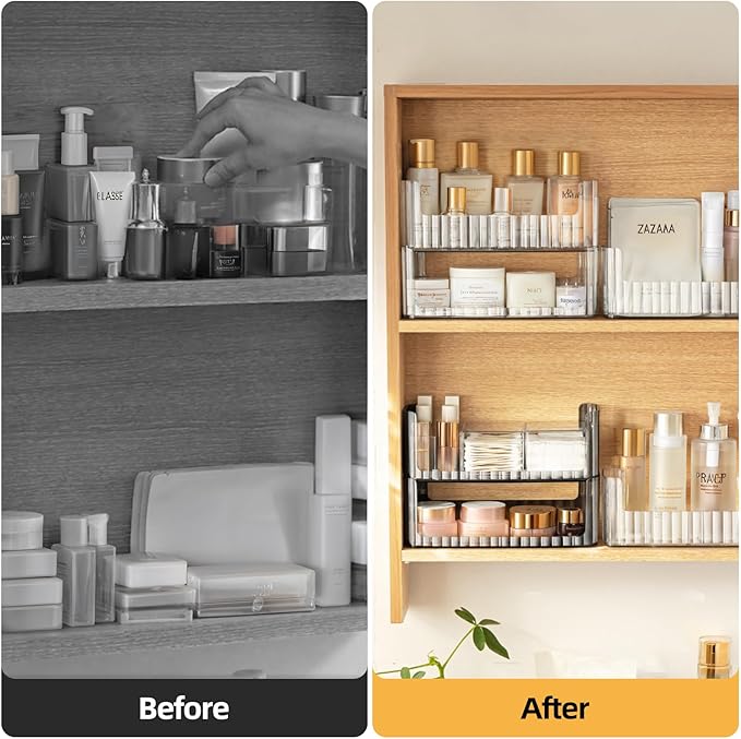 PAVSTINE 2-Tier Stackable Medicine Cabinet Organizer, Narrow Bathroom Makeup Organizer with Lipstick Holders & Cotton Swab Cases, Clear Countertop Shelf for Mirror Cabinet and Vanity