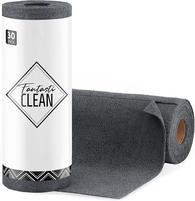 Fantasticlean Microfiber Cleaning Cloth Roll -30 Pack, Tear Away Microfiber Towels, 12" x 12", Reusable, Washable, Scratch Free, Ultra Absorbent for All-Around Cleaning Supplies (DimGray)