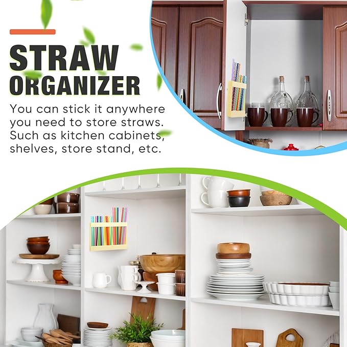 Qinyoung Acrylic Straw Holder for Cabinet Door with Double Sided Adhesive Tape Reusable Straw Organizer Tumbler Storage Kitchen Accessories Container for Counter Cupboard(Classic,Large,Cream Color)