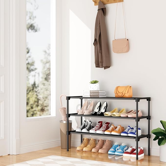 32.3" Widening Design Shoe Rack for Closet 16 Pairs Small Spaces Non-Woven 3 Tier Shoe Organizer Stackable Metal Shoe Shelf for Entryway, Bedroom