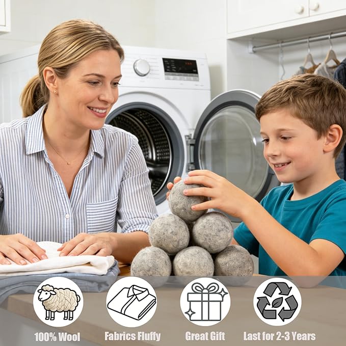 Wool Dryer Balls 6 Pack XL, Genuine New Zealand Wool to Core, 100% Organic Fabric Softener Alternative, Baby Safe & Chemical Free, Reduce Wrinkles & Shorten Drying Time (Grey-6pcs)