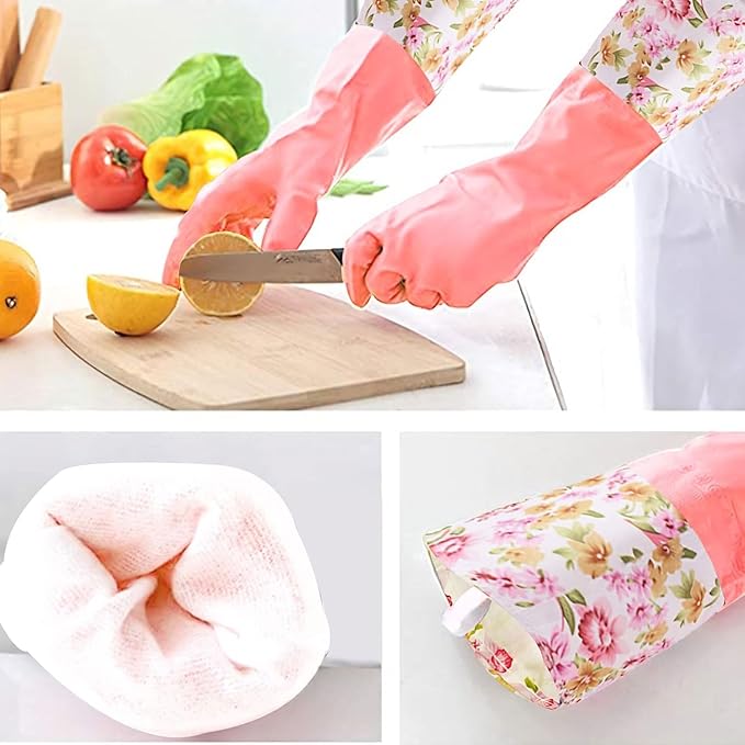 KINGFINGER 2 Pairs Latex-Free Reusable Dishwashing Gloves,PVC Waterproof Long Cuff and Flock Lining Household Cleaning Gloves,for Kitchen & Bathroom Cleaning, Large