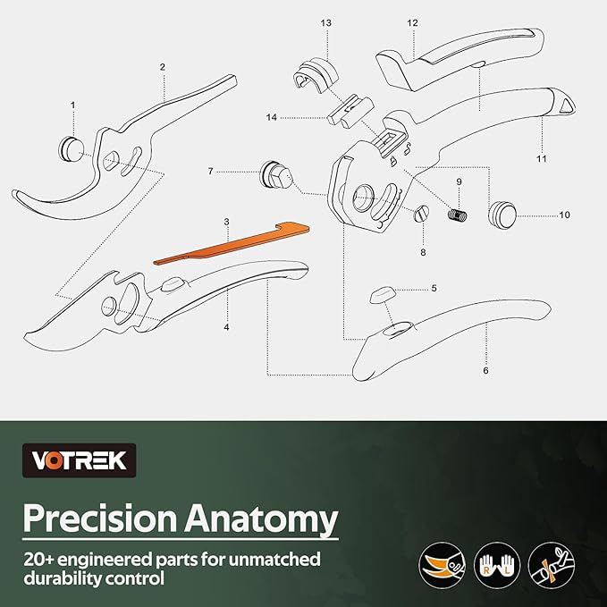 VOTREK® Pruning Shears, [Patented Stepless Handle Opening] - Garden Clippers with Ultra-Sharp SK5 Steel for Weak Hand, Pruners Universal Fit for All Hand Sizes, Effortlessly Cuts 1-Inch Branches