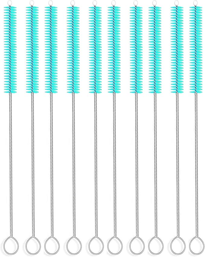 Long Straw Brush Cleaner (10 Pack), Flexible Nylon Tube Cleaning Brushes with 0.4" Bristles, Rust-Proof Stainless Steel Wire Washer for Reusable Tumblers, Sports Bottles & Pipes (10 Inch)