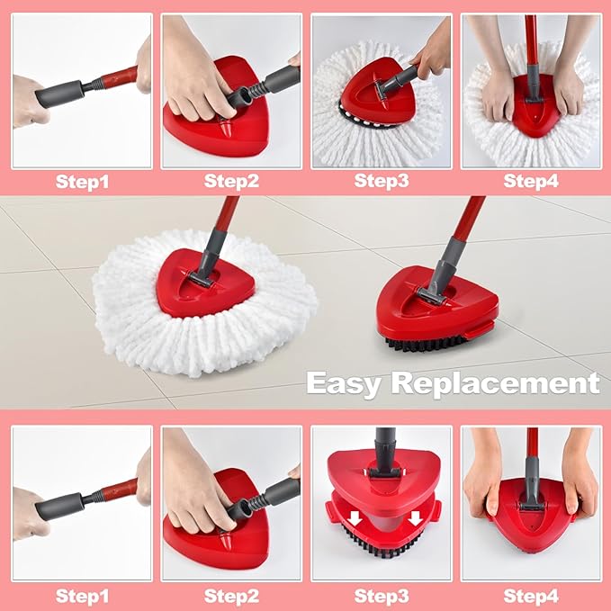 Mop Handle Mop Replace Heads and Mop Base Brush Replacement for O Cedar EasyWring 1-Tank System Include 3 Spin Mop Replacement Head, 4-Section Mop Handles, 1 Base and 1 Scrub Brush Combo