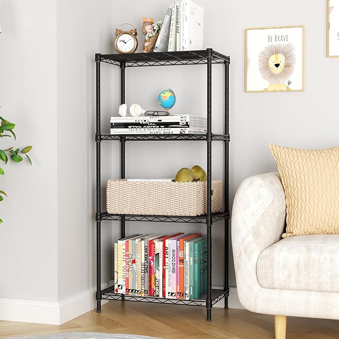 Golpart 4 Tier Adjustable Storage Shelves,Heavy Duty Metal Utility Shelf 600LBS Capacity,Wire Shelving Unit Organizer Rack for Home Kitchen Office BathroomM Pantry Room 12" D x 22" W x 44" H Black