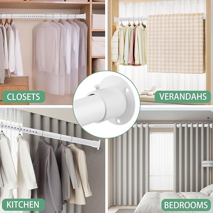 Closet Rod - 17-100 Inches, 1.3 Inch Diameter Heavy Duty Closet Rods Extender Hanging - Metal Matte White Adjustable Clothes Hanging Bar, for Closet, Bathroom, Windows