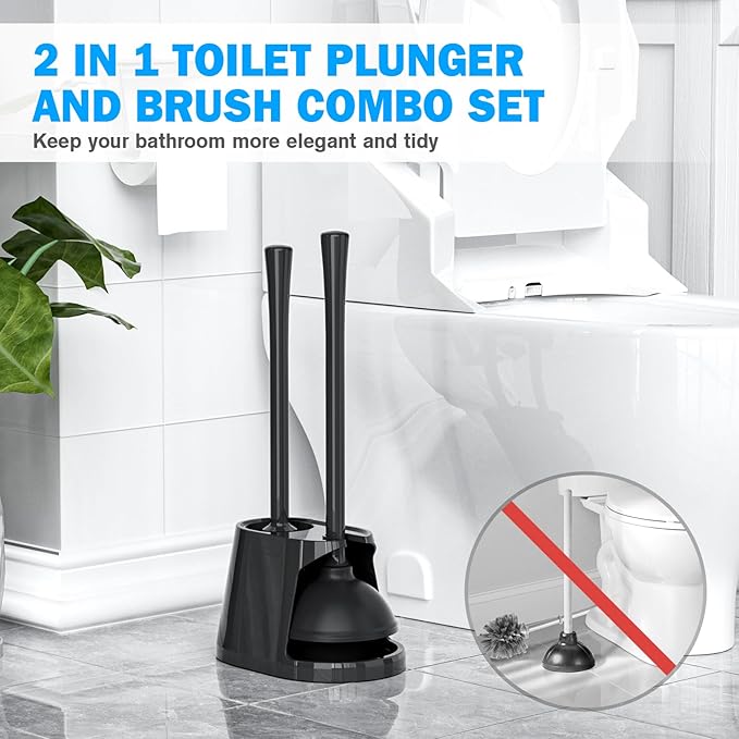 Toilet Plunger and Brush Set, Silicone Bowl Brush and Heavy Duty Toilet Plunger with Ventilated Holder, 2-in-1 Toilet Brush and Plunger Combo for 5.3-inch Toilet Drain Bathroom Deeply Cleaning (Black)
