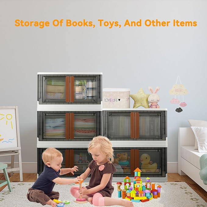 Storage Bins, Extra Large Cabinet with Lids, 19 Gallon(72L) Capacity (Per One), 4 Packs, Useful Box with Door and Buckles, Foldable, Transparent, Excellent Home Organizers