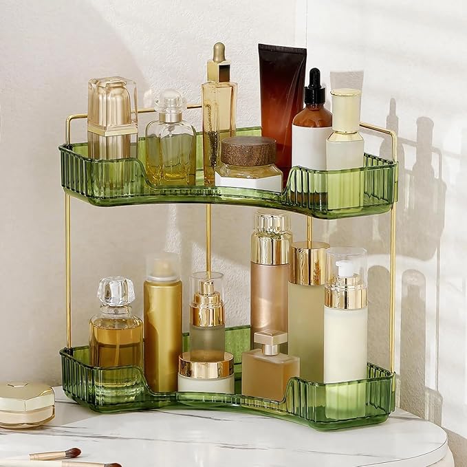 INVSSENE Corner Bathroom Countertop Organizer, Vanity Trays for Counter, Makeup Organizers, Perfume Tray, Kitchen Spice Rack, (Green, 2 Tiers)