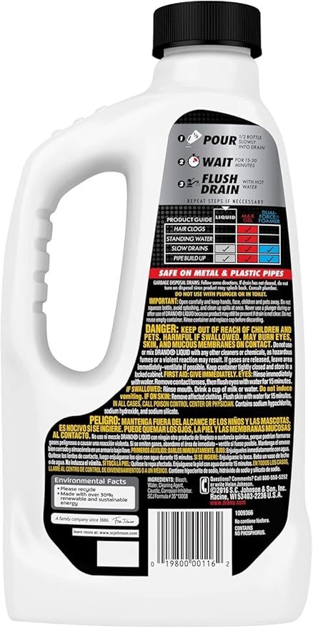 Drano Liquid Drain Clog Remover and Cleaner for Shower or Sink Drains Unclogs and Removes Hair Soap Scum Blockages, Multi, 32 Fl Oz