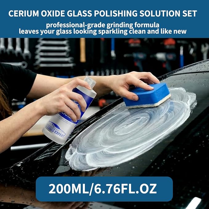 Glass Polish kit,6.76Fl Oz cerium oxide glass polish compound with polishing brush,glass scratch remove,Oil Film Cleaner,Glass Cleaner, Removes Stains and Water Spots, for Cars Glass and Mirror