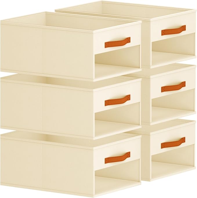 Homsorout Drawer Organizers and Storage - 6 Pack Foldable Pants Organizer with Clear Window & Handles, Fabric Closet Organizer for Clothes, Jeans, Sweaters, Towels, T-shirt, Scarf (Beige)