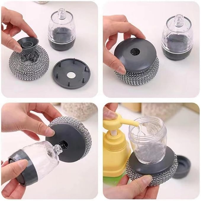 Soap Dispensing Dish Brush Cleaning Steel Wool Scrubber for Dishes Pans Kitchen Sink Bathtub Tile and Household