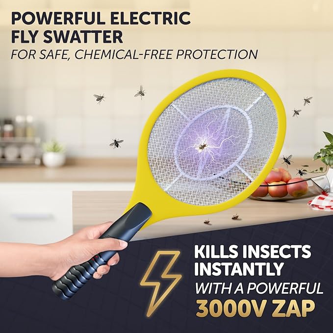 Bug Zapper 18" Electric Fly & Mosquito Swatter Racket - Outdoor/Indoor Killer for Flies, Battery-Operated Tennis Killing Zap, 3000 Volts Electronic Catcher, 2 AA Batteries Included - Yellow