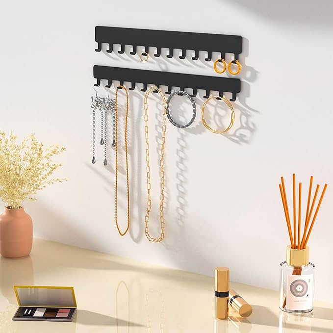 Necklace Holder - Hanging Jewelry Organizer, Self-Adhesive, Wall Mount, 2 PCS, Black