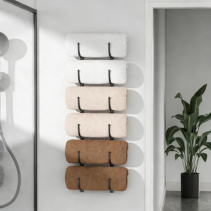 Rolled Towel Rack for Bathroom– 6-Tier Rolled Towel Storage Holder,Metal Organizer for Towels & Large Bath Sheets, Space Saving Rack for Small Bathroom, RV, Camper, Closet, Black Metal