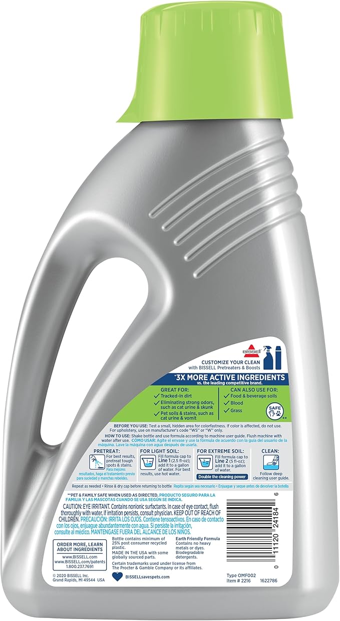Bissell PET PRO OXY Urine Eliminator with Febreze Carpet Deep Clean Solution, with StainProtect Technology, for use in leading upright carpet cleaners, 48oz, Our best formula for pet messes & odors