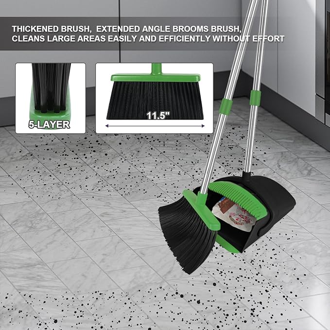 Green Broom with Dustpan Combo Set, 51" Long Handle Household Cleaning Tool, Ideal Broom and Dustpan Set for Pet Hair and Home Use