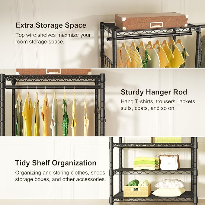 Ulif E1 Heavy Duty Closet Garment Rack, 6 Tiers Adjustable Metal Freestanding Expandable Clothing Storage with 4 Hanger Rods, Easy to Assemble Wardrobe, 71.4" H x (70" - 88.2") L x 14" D, Black