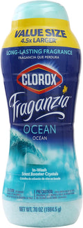 Clorox Fraganzia Laundry Scent Booster Crystals, In-Wash Fragrance Beads for Fresh-Smelling Clothes & Linens, Safe for All Fabrics & Colors, Easy-Pour Bottle, Ocean Scent, 70 Oz