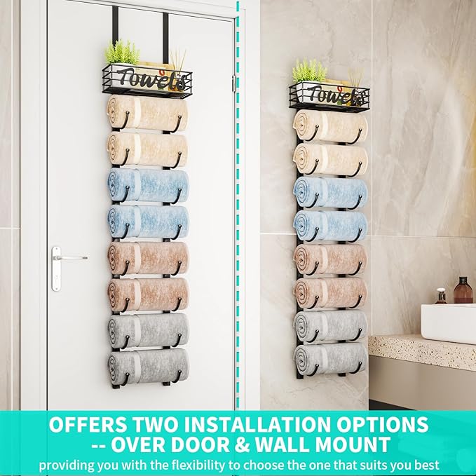 HapiRm Towel Racks for Bathroom Storage - 9 Tier Over The Door & Wall Mount Rolled Towel Storage Organizer Holder with Metal Shelf Basket for Small Bathroom, Camper, Rv - Black, Patented