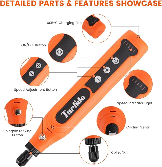 Cordless Rotary Tool, 5-Speed Rotary Tool Kit, Continuous Use While Charging, Permanent Speed Memory, 2.0Ah Capacity, 18000RPM, 31 Accessories for Craft and DIY, Orange
