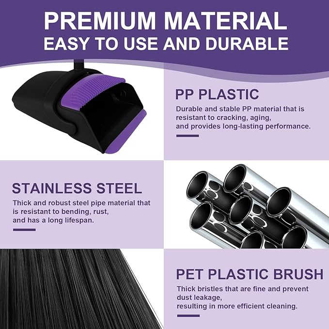 Broom with Dustpan Combo Set and Silicone Air Broom Kit, 51" Long Handle Floor Squeegee, Purple Household Kit for Glass Window Rugs Pet Hair Home
