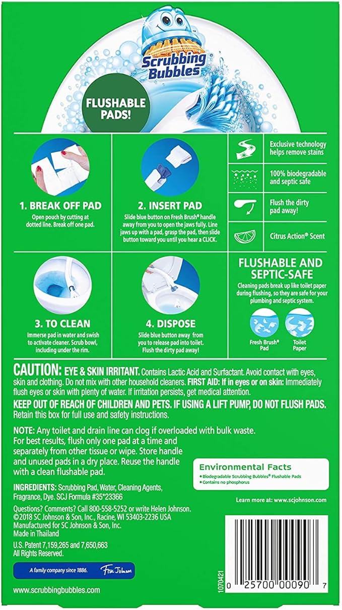 Scrubbing Bubbles Flushable Toilet Bowl Wand Cleaner Refills, Fresh Brush Cleaner Toilet Refill Pads, Removes Limescale & Odors, Citrus Scent, 10 Count (Pack of 1)