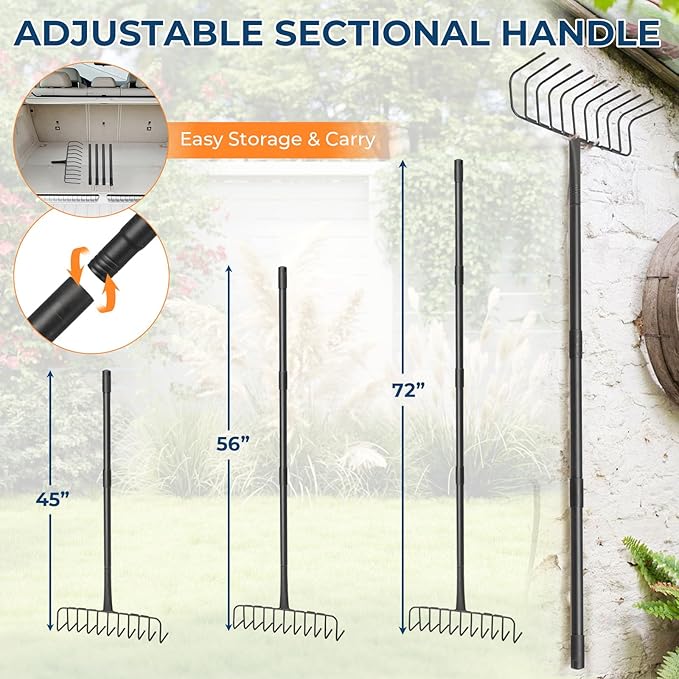 L-Shaped Garden Rake with Oversize Head - 72" Adjustable Lightweight Metal Rake for Thatch, Leaves, Hay, Mulch - Efficient Yard Tool for Quick Cleanup, Effortless Collecting Cleaning