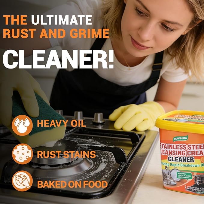 STAINLESS STEEL CLEANER & POLISH - Heavy Duty Cleaning Paste for Stove, Oven, Pans, Cookware, Sink | All Purpose Multi-Purpose Household Cleaner | Removes Grease & Stains | with 2 Sponges (500g)