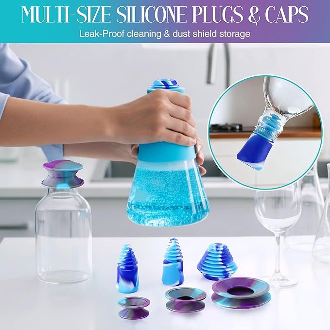 Enhon 13 Piece Glass Cleaning Kit, Reusable Glass Cleaner Kit with Cleaning Plugs & Caps, Silicone Bottle Brushes, Cleaner, Mat, Folding Funnel, Storage Bag & Towel, Effortless Washing & Easy Storage
