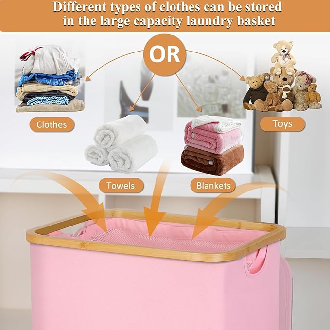 iEGrow Laundry Basket with Wheels, 110L Clothes Hamper for Laundry, Laundry Hamper with Bamboo Lid and Inner Bag, for Laundry Room, Bedroom, Dormitory Storage,Pink