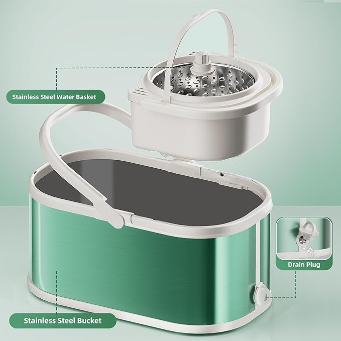 Spin Mop and Bucket with Wringer Set for Home,360° Mop and Bucket with Separate Clean and Dirty Water,Wet Dust Mop for Floor Cleaning with Extra Refills (Green)
