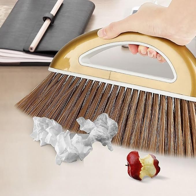 Broom and Dustpan Set with Long Handle - Dust Broom and Dustpan Combo, Lightweight Robust Kitchen Brooms Dustpans, Ergonomic Duster Tool Cleaning Gadgets, for Home, Kitchen, Offices, Pet Hair, Gold