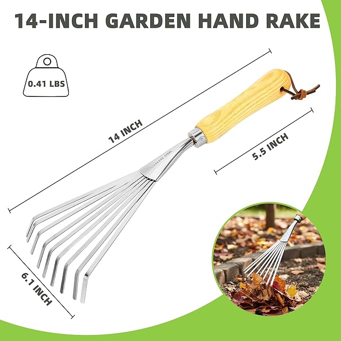 Hand Rakes, Garden Stainless Steel Hand Rake Soil Tiller with Ergonomic Handle, Small Leaf Rakes Great for Gardening, Garden Sweep Yard Flower Beds Tool