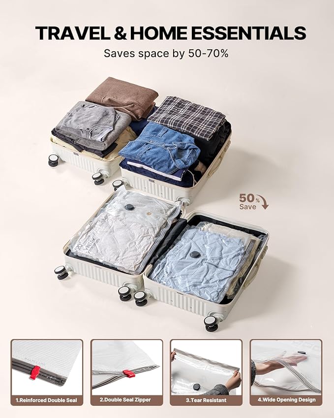 Travel Vacuum Seal Bags for Clothing with Rechargeable Cordless Pump, VINTAR 24 Pack (6J+6L+6M+6S) Carry-on Size Space Saver Vacuum Storage Bags, Compression Packing Bags for Luggage and Suitcase