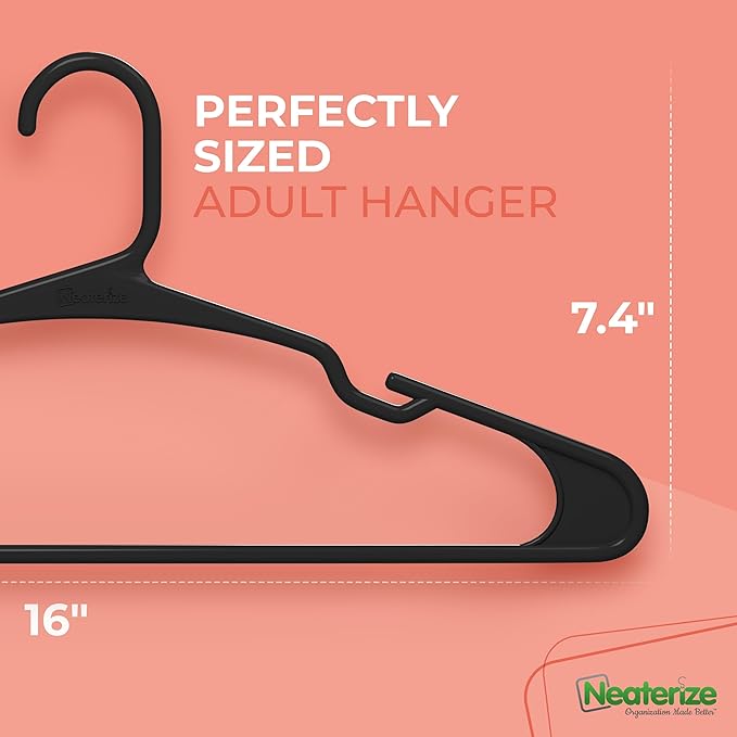 NEATERIZE Clothes Hangers Plastic 100 Pack for Adults - Plastic Hangers, The Perfect Coat Hanger and Space Saving Clothes Hangers for Closet - Black Hangers