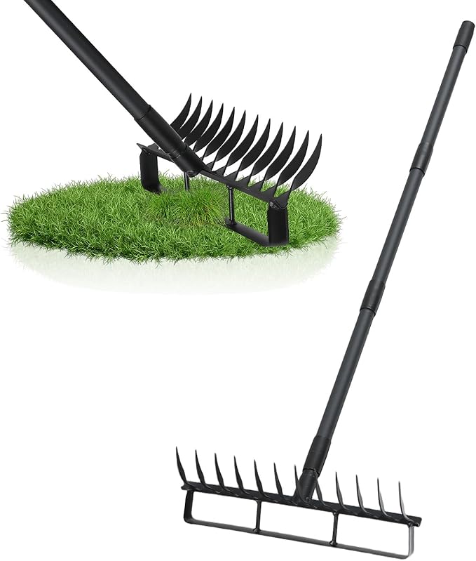 76.8" Garden Hoe and 12 Tines Rake 2-in-1 Garden Tool for Weeding, Garden Cultivator with Adjustable Long Handle Heavy Duty Weed Puller Stirrup Hoe for Ditching, Seeding, Loosening Soil