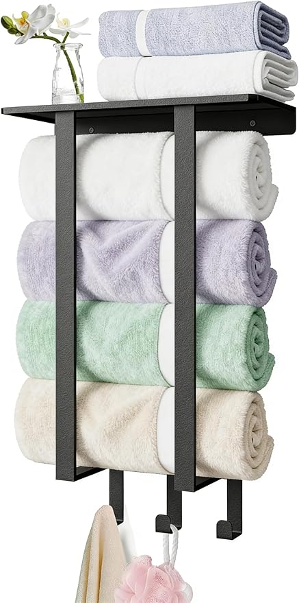 Towel Racks for Bathroom, Towel Rack with Shelf and 3 Hooks, Towel Storage Holders Wall for Rolled Bath Towels, Black