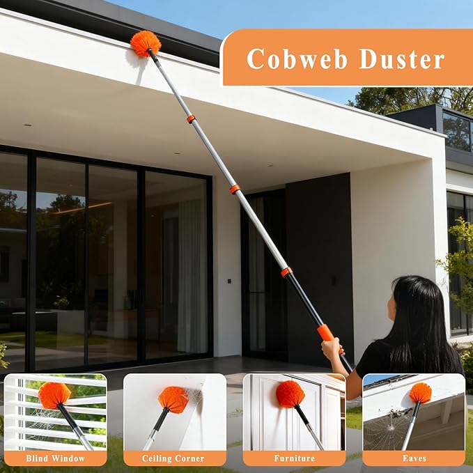 20ft High Ceiling Duster Kit with 4-12ft Heavy-Duty Extension Pole, Cobweb Duster, Ceiling Fan Duster, Window Squeegee & Cleaner, Microfiber Duster, Wall Mop for Home High Reach Cleaning