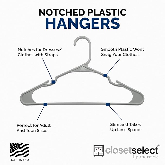Closetselect Plastic Hangers 50 Pack - Space Saving Clothes Hangers, Made in USA, Durable & Strong Plastic Shirt & Coat Hanger with Notches & Shoulder Grooves, Non-Slip Clothing Hangers | Silver Hail