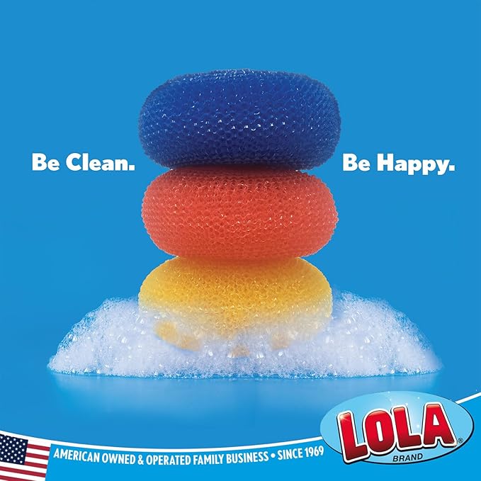 LOLA Jumbo 4" Plastic Mesh Scouring Pads, 2 Pack, Non-Scratch, Great for Pots, Dishwashing, Sinks, Appliances, Assorted Colors